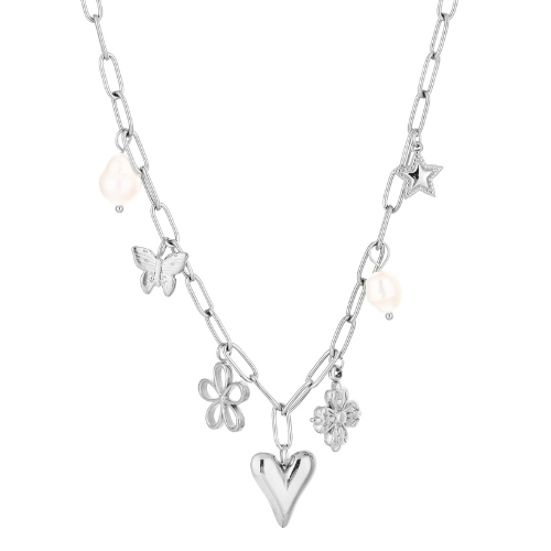 Zilveren schakelketting met hart-, bloem-, vlinder- en sterbedels en zoetwaterparels – elegante damesketting met symbolische details