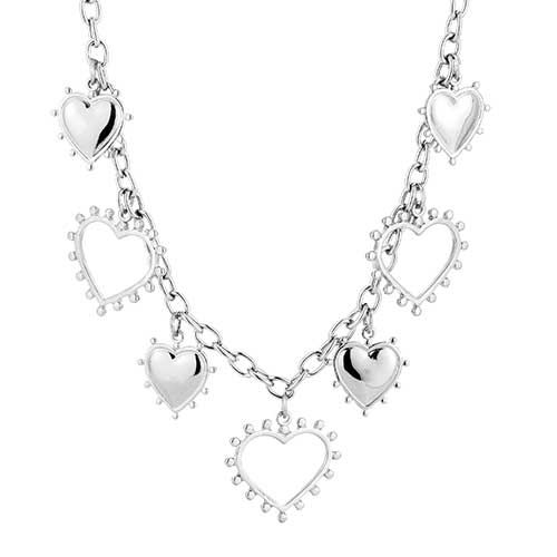 Zilverkleurige RVS bedelketting met open en gesloten hartjes – opvallende statement ketting voor elke gelegenheid.