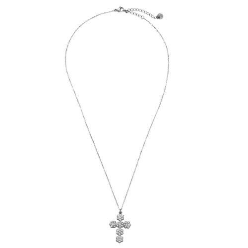 Zilverkleurige Bloom Cross ketting met bloemenkruis van glinsterende zirkonia steentjes – elegante en tijdloze damesketting
