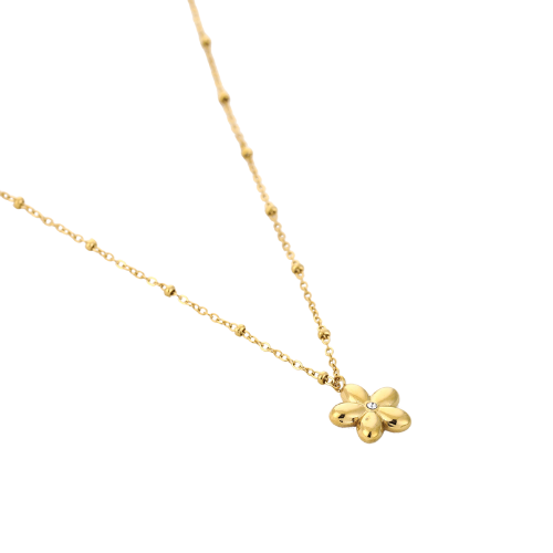 Gouden damesketting met bolschakels en glanzende bloemvormige hanger met zirkonia – verfijnd en vrouwelijk sieraad.