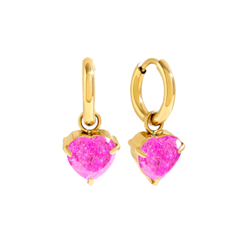 Goudkleurige Celeste oorbellen met hartvormige steen in fuchsia – elegante en romantische oorbellen, ook verkrijgbaar in Lila, Turkoois en wit