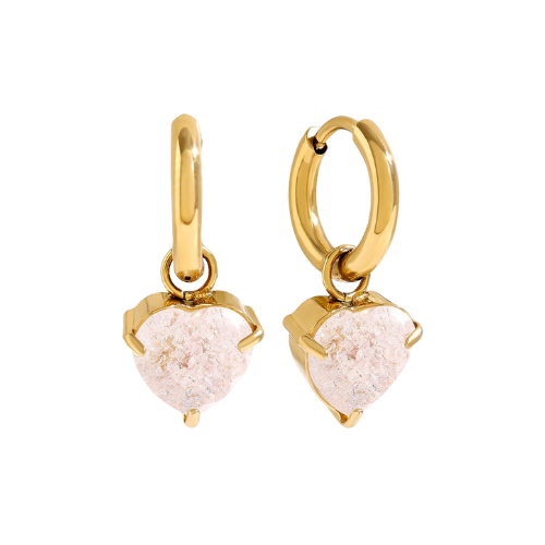 Goudkleurige Celeste oorbellen met hartvormige steen in wit – elegante en romantische oorbellen, ook verkrijgbaar in lila, turkoois en fuchsia