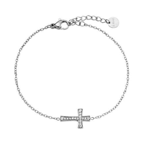 Zilverkleurige Cross armband met zirkonia steentjes – minimalistische damesarmband met elegant kruisje van roestvrij staal