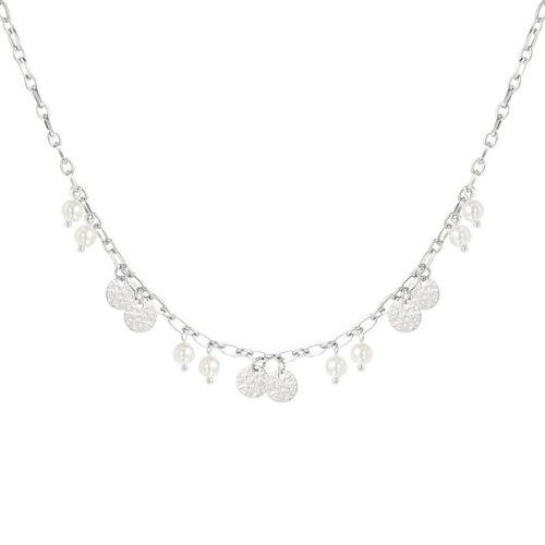 Trendy zilverkleurige ketting van stainless steel met munten en parels, perfecte accessoire voor elke outfit