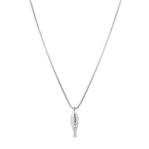 Minimalistische zilverkleurige ketting met gedetailleerde visvormige hanger – modern sieraad voor dames.