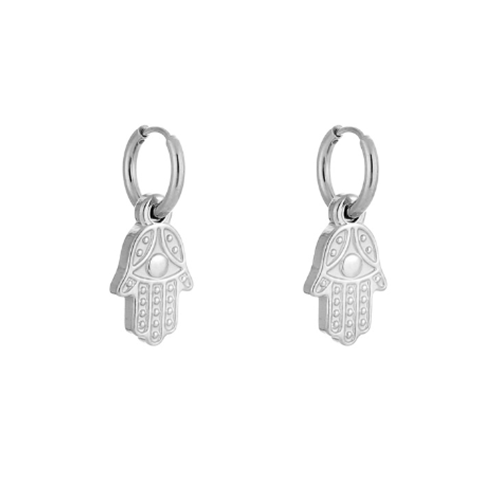Zilverkleurige oorringen met Fatima-hand bedels – spirituele en beschermende oorbellen van roestvrij staal.