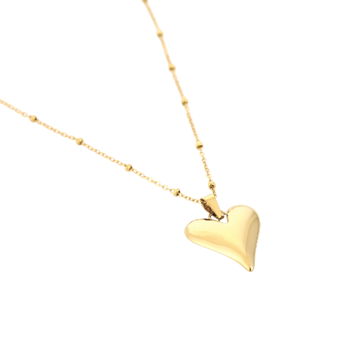 Gouden ketting met bolschakels en gepolijste hartvormige hanger – romantisch sieraad voor dames.
