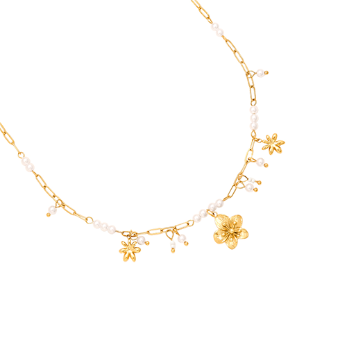 Goudkleurige Pearly Flower ketting met gedetailleerde bloemenhangers en parels – van roestvrij staal
