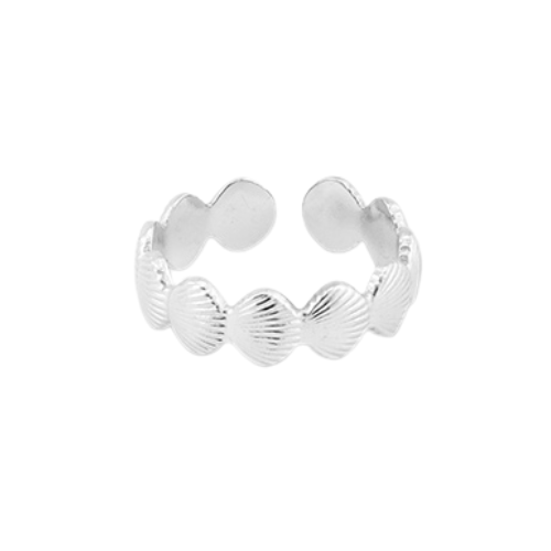 Zilverkleurige Sandy Ring met schelpdetails van stainless steel – verstelbare open ring in zomerse stijl, nikkelvrij en duurzaam