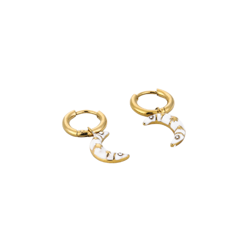 Set witte maanoorbellen met gouden accenten en fonkelende details – kosmisch geïnspireerde sieraden voor elke look.