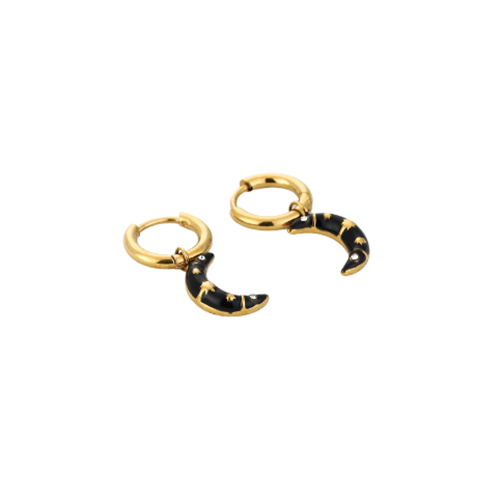 Set zwarte maanoorbellen met gouden accenten en strass details – stijlvolle kosmische sieraden met een luxe uitstraling.