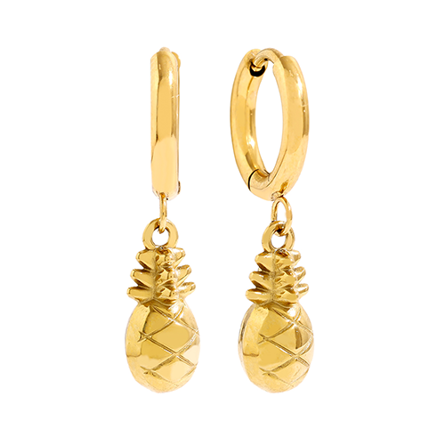 Goudkleurige ananas oorbellen met ronde hoops en speelse tropische bedels – zomerse sieraden voor dames - van roestvrijstaal