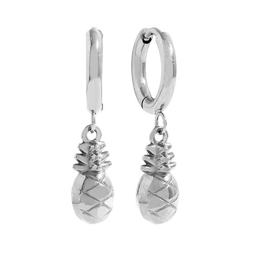 Zilverkleurige ananas oorbellen met ronde hoops en speelse tropische bedels – zomerse sieraden voor dames - van stainless steel