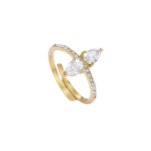 Goudkleurige stainless steel ring met zirkonia steentjes en twee grote statement stenen – stijlvolle damesring