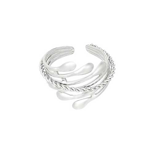 Zilverkleurige RVS ring met gedraaide band en knopjes – stijlvol en veelzijdig sieraad voor elke gelegenheid.