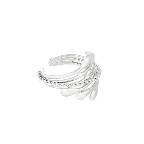 Zilverkleurige roestvrijstalen ring met gedraaide band en ronde uitstulpingen van de zijkant – stijlvolle ring om te combineren.
