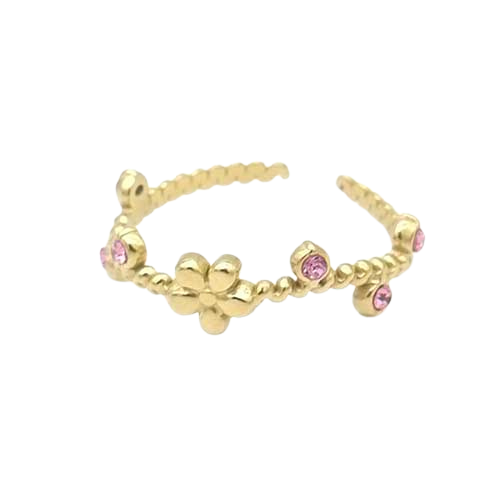 Gedraaide goudkleurige RVS ring met  roze kristallen en een bloem - RVS sieraad om te combineren met andere ringen.