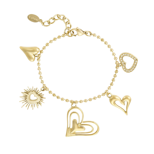 Een goudkleurige kralenarmband versierd met diverse goudkleurige hartjesbedels - gemaakt van stainless steel en zirkonia