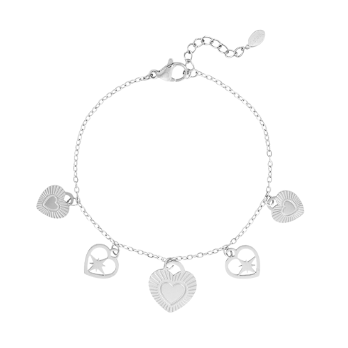 Subtiele zilverkleurige stainless steel armband met diverse hartvormige bedels 