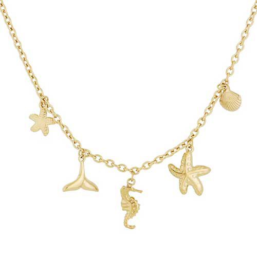 Goudkleurige RVS bedelketting met zeesterren, staartvin, zeepaardje en schelp – strandthema sieraad voor een zomerse look.