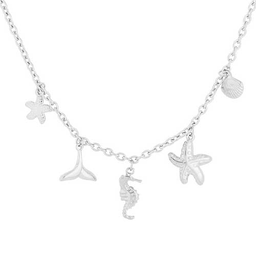 Zilverkleurige RVS bedelketting met zeesterren, staartvin, zeepaardje en schelp – strandthema sieraad voor een zomerse look.