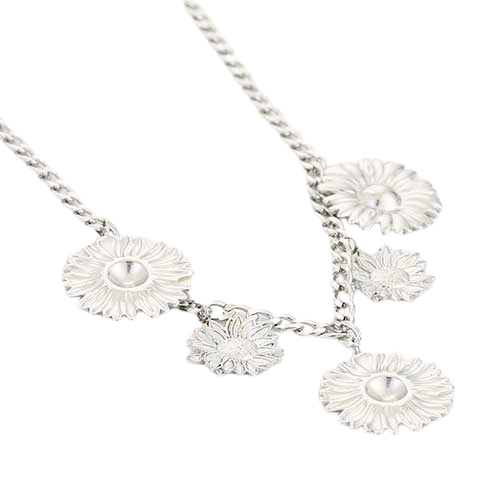 Zilverkleurige stainless steel ketting met grote bloemenbedels – elegant en natuurlijke statement ketting. 