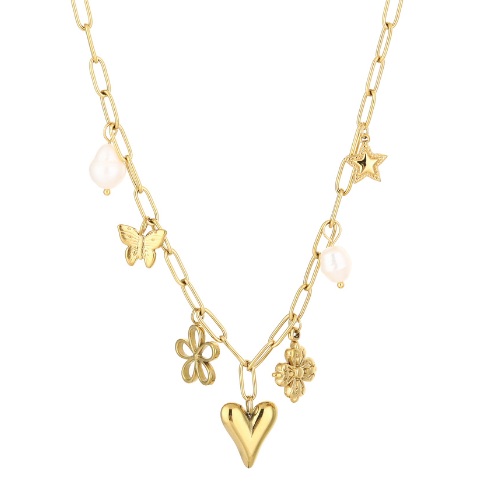 Gouden schakelketting met hart-, vlinder-, bloem- en sterbedels en parelhangers voor dames - modieus sieraad.