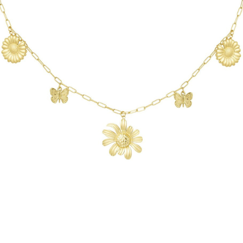 Een goudkleurige bedelketting met diverse zomerse bedels, waaronder bloemen en vlinders - gemaakt van stainless steel