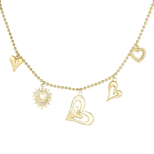 Goudkleurige bedelketting Devine Bond versierd met diverse hartjesbedels, ook met zirkonia - gemaakt van Stainless Steel