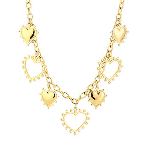 Goudkleurige RVS bedelketting met open en gesloten hartjes – statement ketting voor elke gelegenheid.