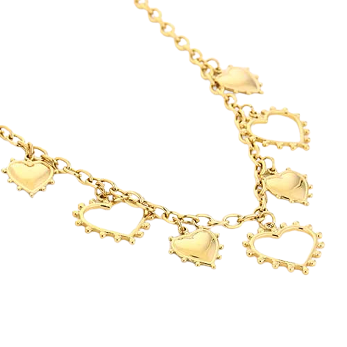 Goudkleurige stainless steel bedelketting met open en gesloten hartjes – statement ketting voor elke gelegenheid.