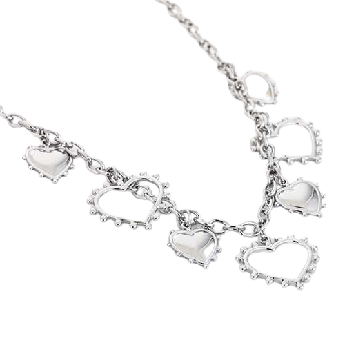 Liggende zilverkleurige RVS bedelketting met open en gesloten hartjes – opvallende statement ketting voor elke gelegenheid.