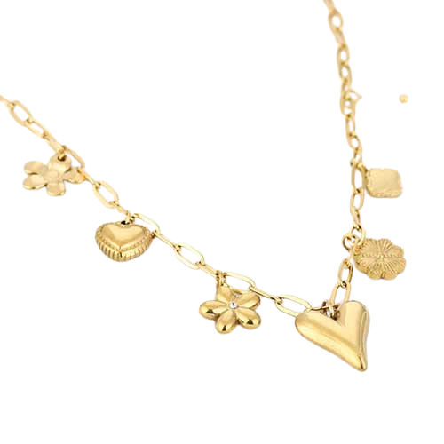 Goudkleurige roestvrijstalen bedelketting met bloem, hart en klaver bedels – minimalistische bedelketting voor elke gelegenheid.