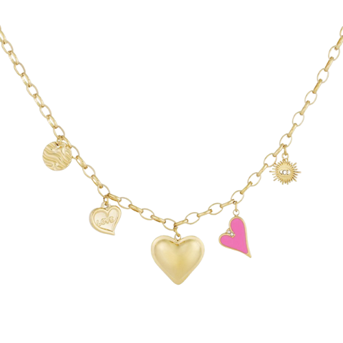 Goudkleurige Bedelketting Pink Love met hartjes, zonnetje en roze bedel, perfect te combineren met de Bedelarmband Pink Love