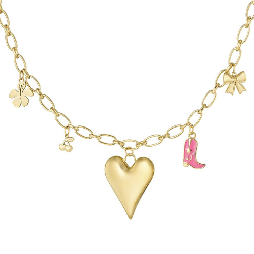 Goudkleurige bedelketting met hart, roze laars, klavertje vier, kersen en strikje – speelse western-geïnspireerde ketting voor een unieke look