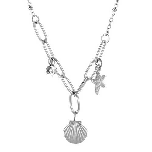Zilverkleurige RVS clipketting met schelpenbedel, zeesterbedel en steentje – minimalistisch sieraad met maritiem thema.