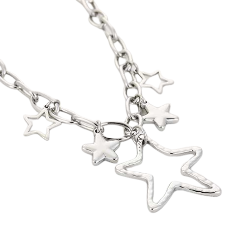 Zilverkleurige stainless steel bedelketting met grote en kleine sterrenbedels – kosmisch statement design. 