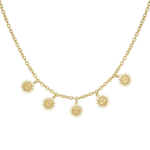 Goudkleurige bedelketting met vijf zonnehangers van gelijke grootte – stralende en zomerse damesketting van stainless steel