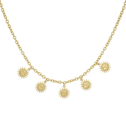 Goudkleurige bedelketting met vijf zonnehangers van gelijke grootte – stralende en zomerse damesketting van stainless steel