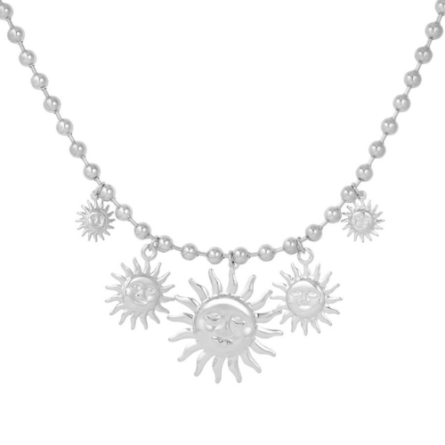 Zilverkleurige bolletjes bedelketting met diverse zonnebedels en een grote statement hanger in het midden – opvallende en zomerse damesketting van stainless steel