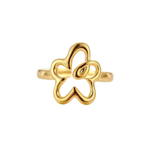 Goudkleurige RVS ring met minimalistisch bloemensilhouetontwerp, eigentijds en verfijnd.