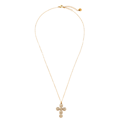 Goudkleurige Bloom Cross ketting met bloemenkruis van glinsterende zirkonia steentjes – elegante en tijdloze damesketting