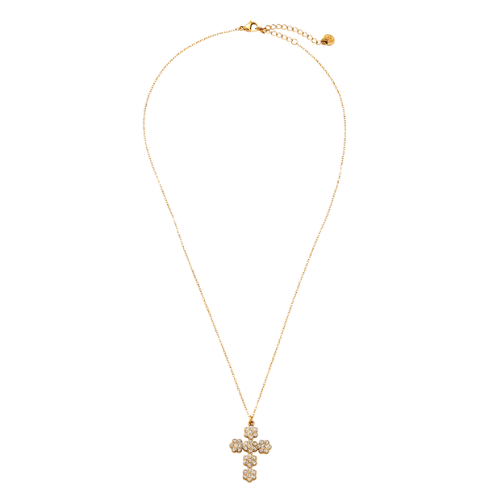 Goudkleurige Bloom Cross ketting met bloemenkruis van glinsterende zirkonia steentjes – elegante en tijdloze damesketting