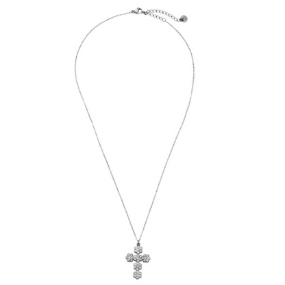Zilverkleurige Bloom Cross ketting met bloemenkruis van glinsterende zirkonia steentjes – elegante en tijdloze damesketting