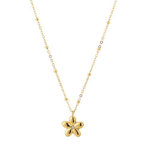Minimalistische gouden ketting met bloemvormige hanger en middensteentje – elegant accessoire voor elke gelegenheid.