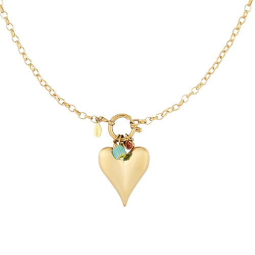 Hangende goudkleurige Brielle Ketting met grote hartvormige hanger, turquoise kraal en goudkleurig detail