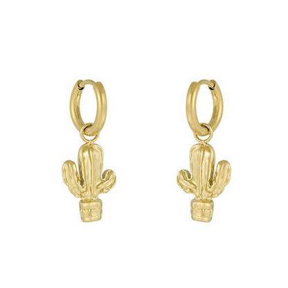 Goudkleurige RVS hoepeloorbellen met minimalistische cactus in pot bedel, boho stijl.