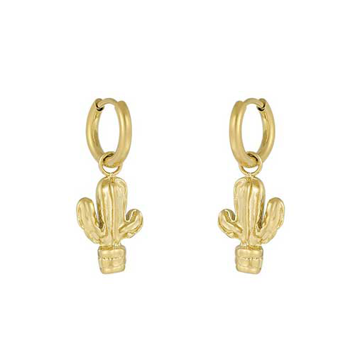 Goudkleurige RVS hoepeloorbellen met minimalistische cactus in pot bedel, boho stijl.