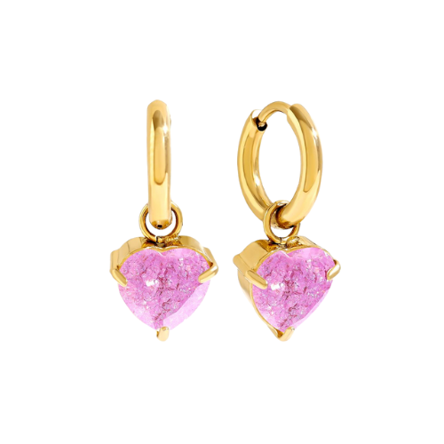 Goudkleurige Celeste oorbellen met hartvormige steen in paars – elegante en romantische oorbellen, ook verkrijgbaar in fuchsia, Turkoois en wit