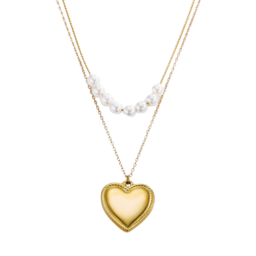Tweelaagse ketting met parels op de bovenste ketting en een hartbedel op de langste ketting – elegante en romantische dameske